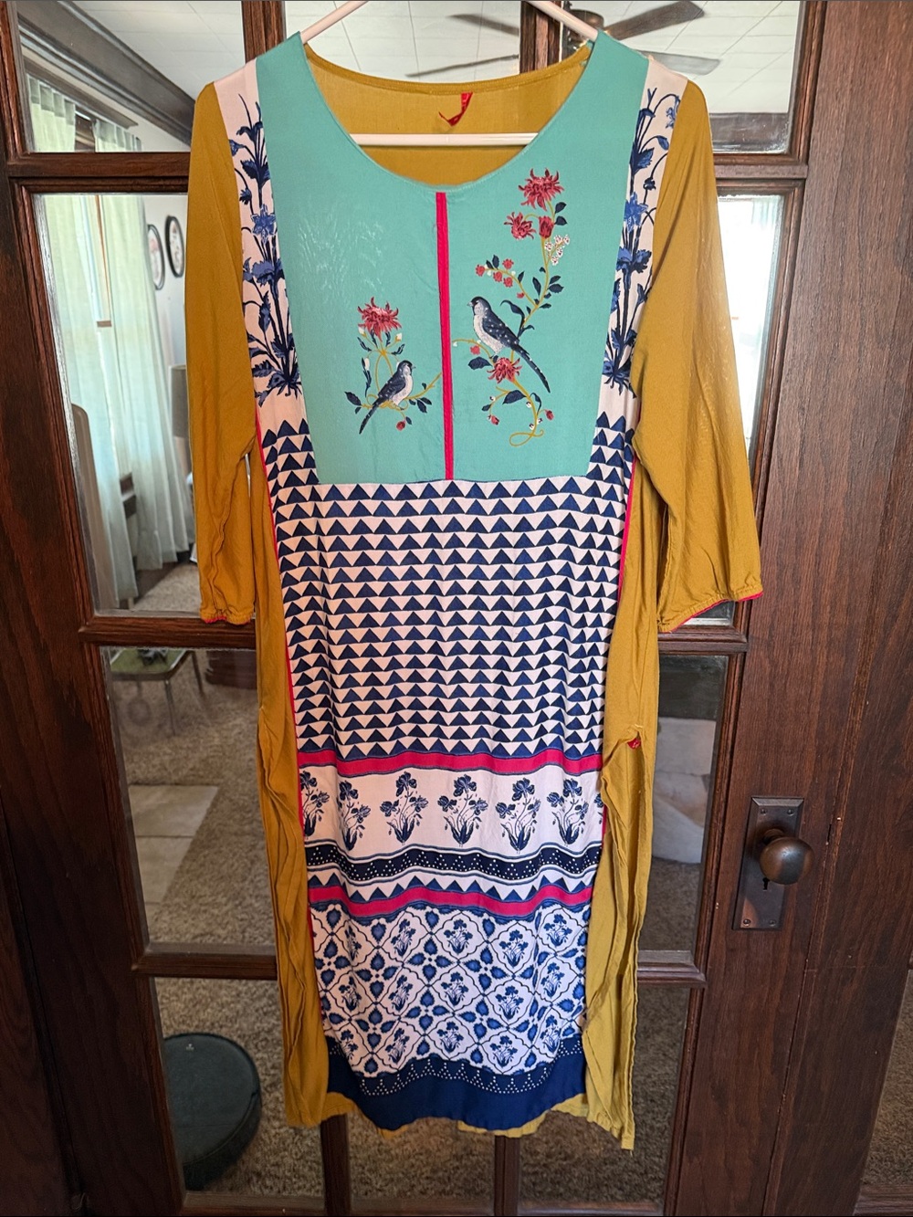 W for Woman Mustard Yellow Teal Floral Bird Print Viscose Kurta Tunic Size 14